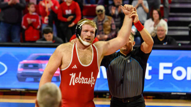 Nebraska's Nash Hutmacher, a defensive linemen on the Husker football team, got a 5-0 victory in the heavyweight match.